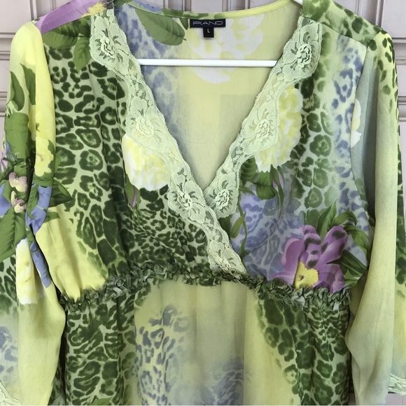 Piano Blouse Silky Pretty Empire Waist SzL Green/Yellow 3/4Sleeves - Picture 8 of 9